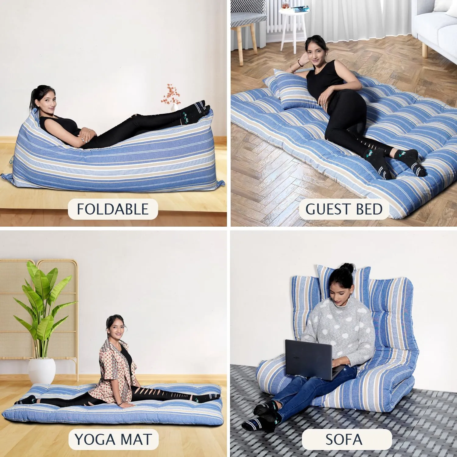AGLA KADAM Single Bed Mattress (2.5 x 6 Feet) - Premium Natural Cotton Gadda for Guests- Blue and White Stripe Pattern - Foldable Ruyi Gadi