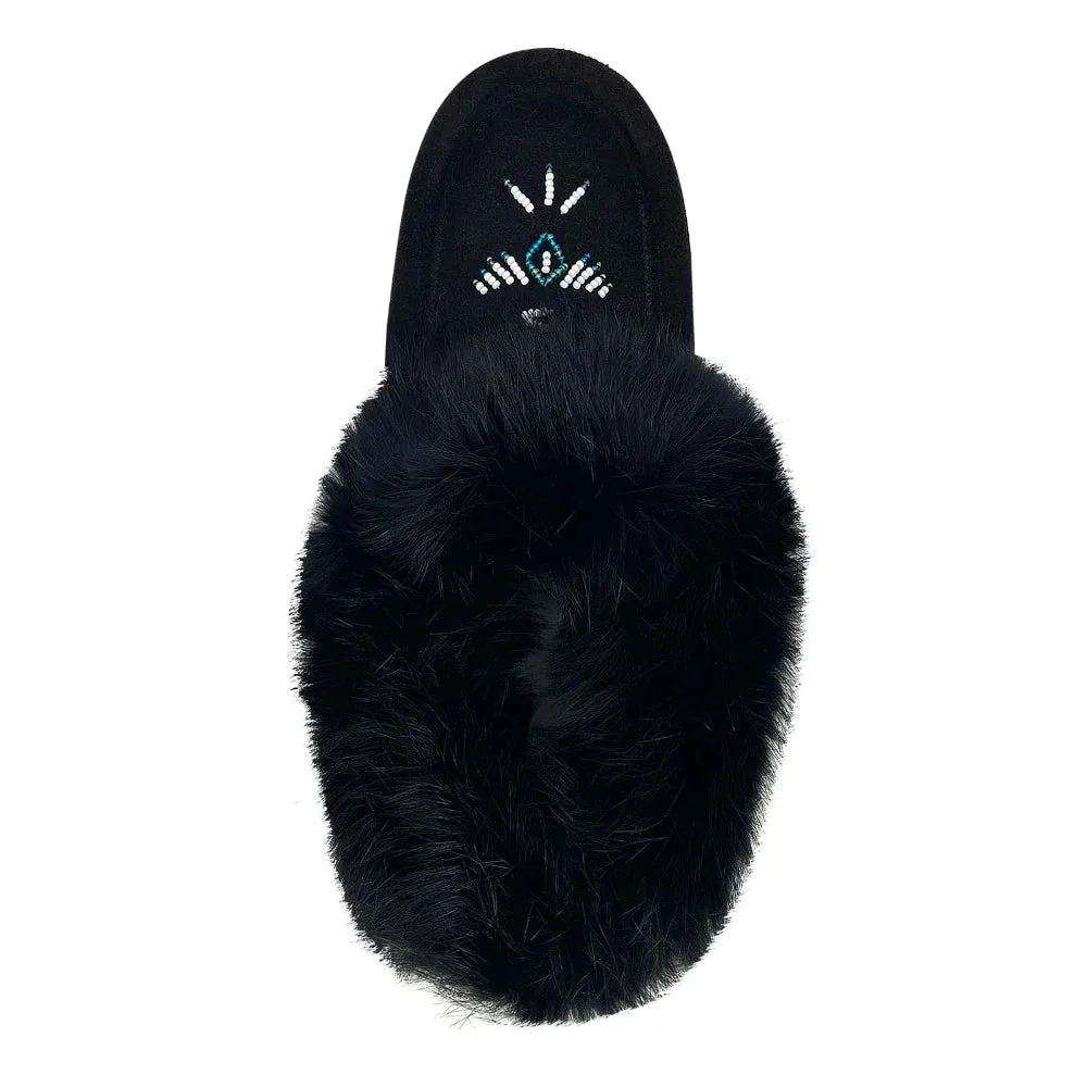 Women's Rabbit Fur Thunderbird Beaded Moccasins Black